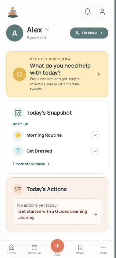 The Growing Balanced parent home screen for a 5-year-old, showing Get Help Right Now, Today's Snapshot with the next steps in the morning routine, and Today's Actions.